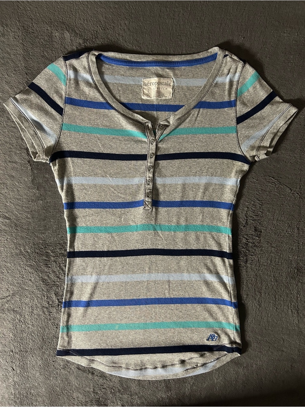 Aeropostale Gray Striped Henley Tee with Blue & Teal Accents